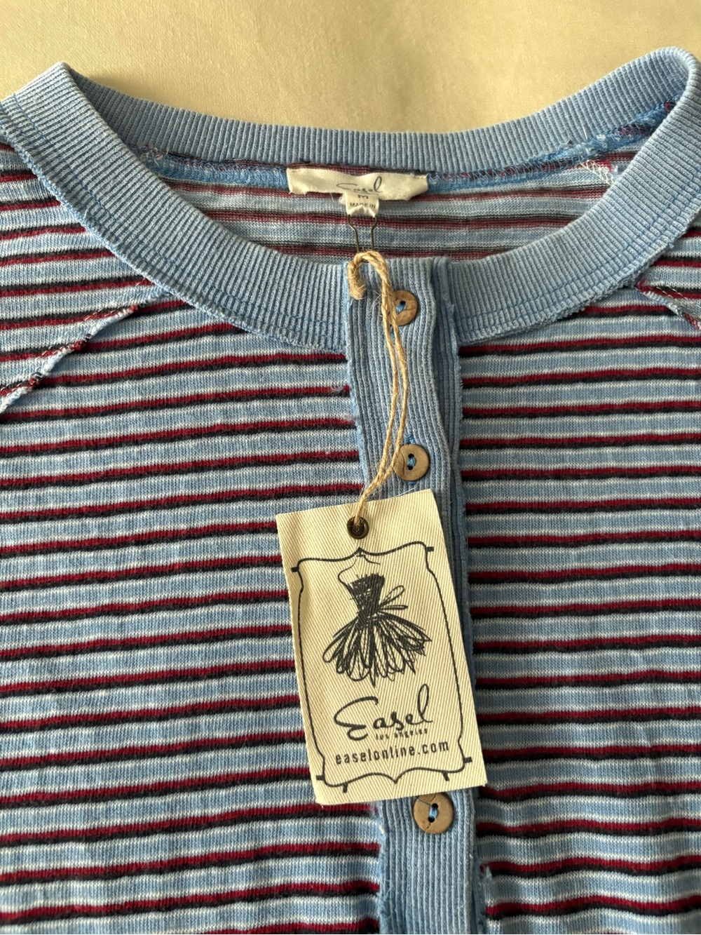 Easel Striped Henley Top - Light Blue, Burgundy & White